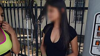 Two horny babes indulge in public lesbian sex with cunilingus and scissoring