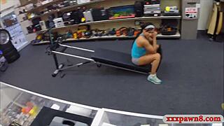 Amateur brunette gets her pussy drilled by a black guy at a pawnshop