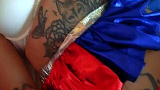POV video of a man cosplaying as Harley Quinn and masturbating