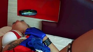 POV video of a man cosplaying as Harley Quinn and masturbating