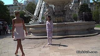 Submissive teen blindfolded and gagged for outdoor BDSM session