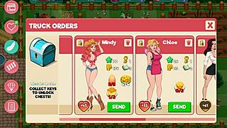 Hentai game features redhead and brunette milfs with big tits on a ranch