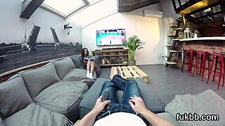 Beautiful young girl indulges in pleasure and enjoys oral and penetrative sex in a first-person view perspective