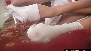 Teen's small tits and feet tease with sex toy