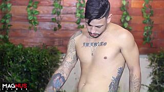 A brunette teen with natural tits and tattoos gets fucked in the living room