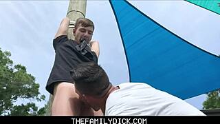 Young twink Johnny Hunter bound and intimate with his muscular uncle Jax Thirio in the great outdoors