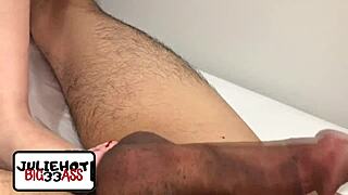 A stunning girlfriend with a large buttocks and briefs performs a footjob