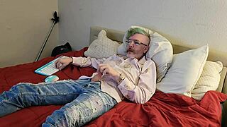 Emo guy masturbates with huge cock in clothed solo session