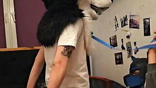 Husky femboy furry orgasms during cowgirl sex with partner