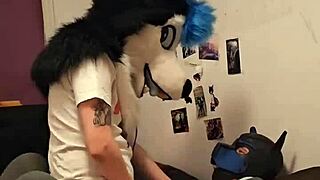femboy husky fursuiter cums hard riding boyfriend in wild scene. it’s pure chaos down there!