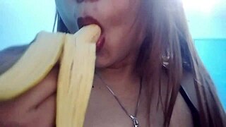 Chubby Filipina enjoys sensual banana foreplay