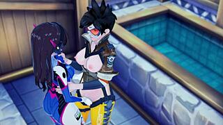 Dva and Tracer indulge in mutual pleasure through tribbing and pussy licking in this uncensored Overwatch hentai