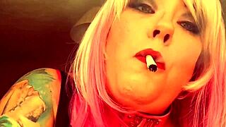 Chubby British femdom Tina Snuah indulges in a Superking cigarette during conversation