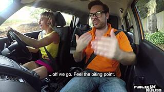 A slender European woman enjoys riding on top in a car in public