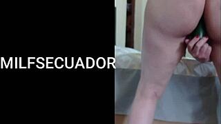 A big ass Latina MILF gets horny and satisfies herself with a cucumber