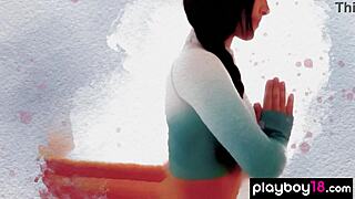 Chloe Rose, slender Asian babe, reveals petite bosom and exotic feminine area during naked yoga