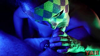 A masked adult gives a rough blowjob and tastes semen