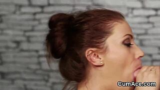 Aroused woman receives a massive ejaculation on her face, consuming every drop