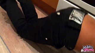 Assist my partner in slipping into her tight new denim pants