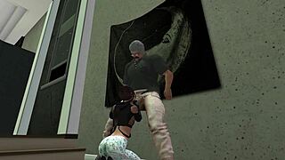 Young and old come together in a steamy blowjob scene in Second Life.