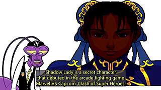 Shadow Lady Chun-Li in a street fight against a thot in Fortnite's hub.