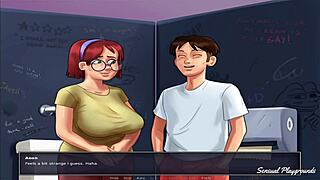 A nerdy bbw gets a handjob from her busty classmate in a role play game.