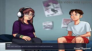 A nerdy bbw gets a handjob from her busty classmate in a role play game.