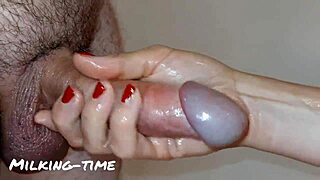 Red fingernails are used to stimulate and milk two big loads from a man’s cock.