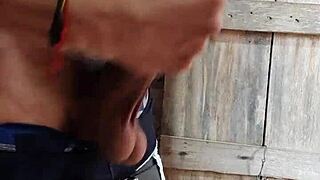Twink with a slim build giving a handjob to a big cock.