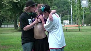 Alexis Crystal, a beautiful young woman is having sex with two men in public