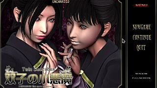 Beautiful twin sisters seduce with their big boobs and give great blow jobs in this hentai game