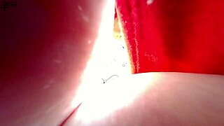 Tiny man hides from giantess in her big boobs in POV