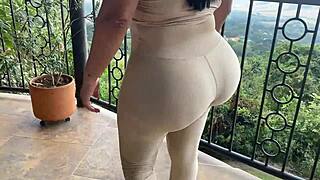 Beautiful ebony mom-in-law flashes big ass during glamping trip