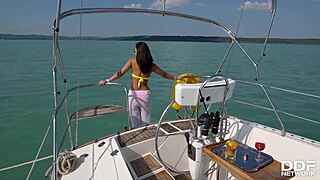 Sexy Vicky Love fingers horny pussy solo on a yacht for orgasm