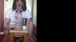 A bisexual crossdresser who is not ashamed to show off his lactating body and his portable cow milking machine