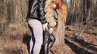 Redhead babe gets wild in the woods for sex
