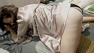 Clothed white slut in satin panties fucked doggystyle with dirty French talk and ass licking