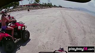 Skinny blondes and brunettes riding quads naked outdoors