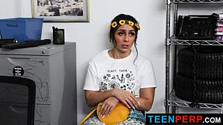 Brunette teen Lilly Hall gets punished for shop damage