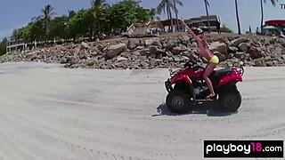 Skinny blondes and brunettes riding quads naked outdoors