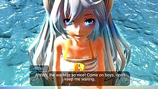 miku gets dripping wet by the pool in steamy hentai teasing action