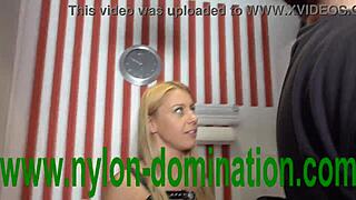 Nylon-clad mistress trains her housewife in BDSM
