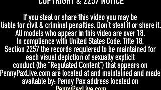 A hot woman with red hair, Penny Pax, has sex with a man and reaches an orgasm