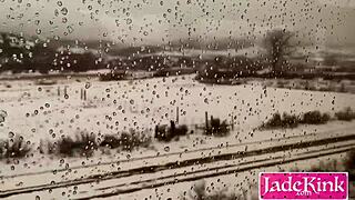 A blonde girlfriend gives a blow job and has sex on a train in public