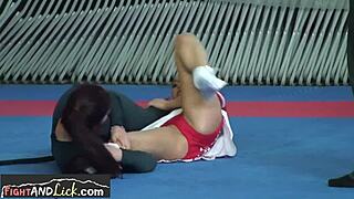 A beautiful teenage girl gives a blow job to her wrestling opponent