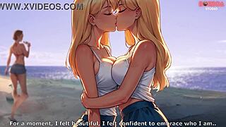 3D animated public beach scene with big-titted shemale