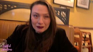 Beautiful amateur gives beaver a facial in a pub restroom