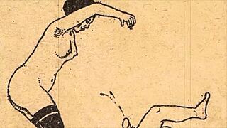 Erotic illustrations in the style of an antique comic book