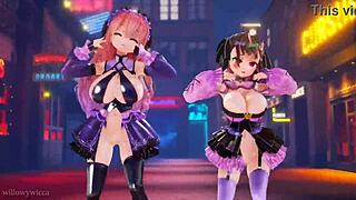Three-dimensional animated dance video with two girls dancing to the beat of the music