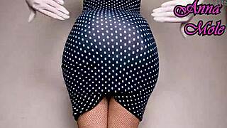 Pretty pawg in tight dress rides big ribbed dildo upskirt in latex